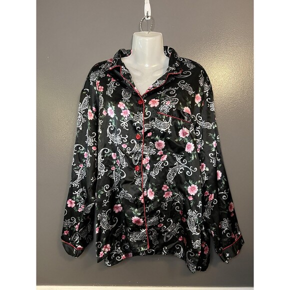 Kathryn Pajama Shirt Womens Large Black Floral Paisley Button Front Red Piping - Picture 1 of 8